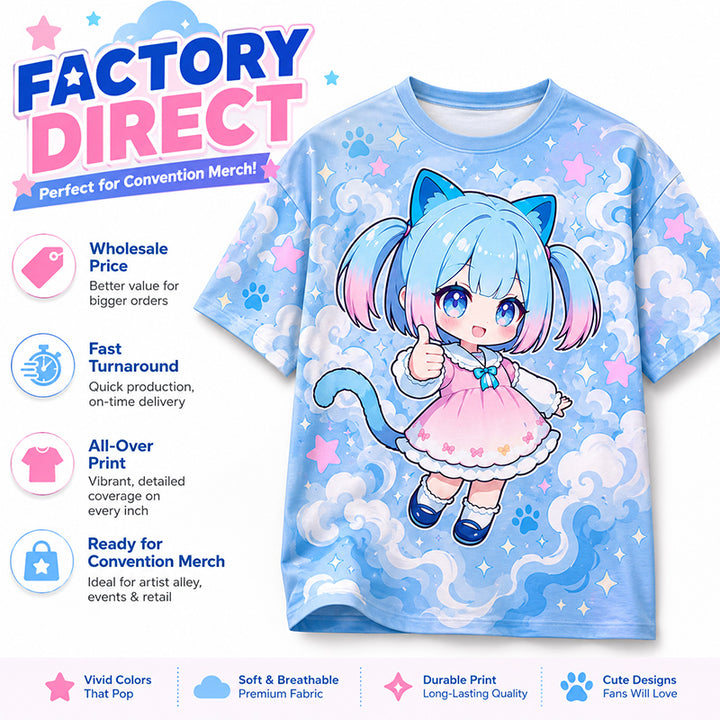 Factory direct custom all-over print anime T-shirts for merch brands
