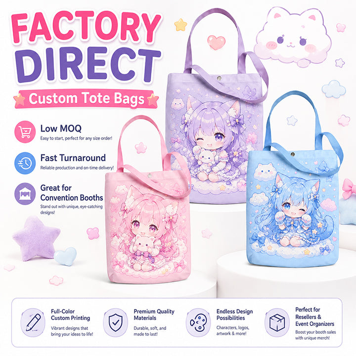 Factory direct custom anime tote bags for wholesale merch production
