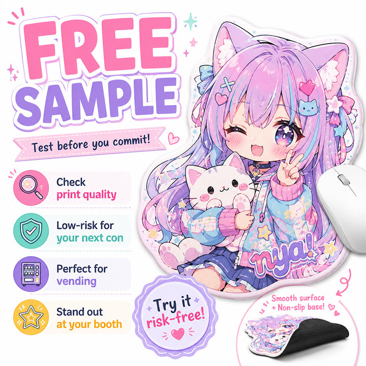Free sample custom anime mouse pads for Artist Alley sellers and creators
