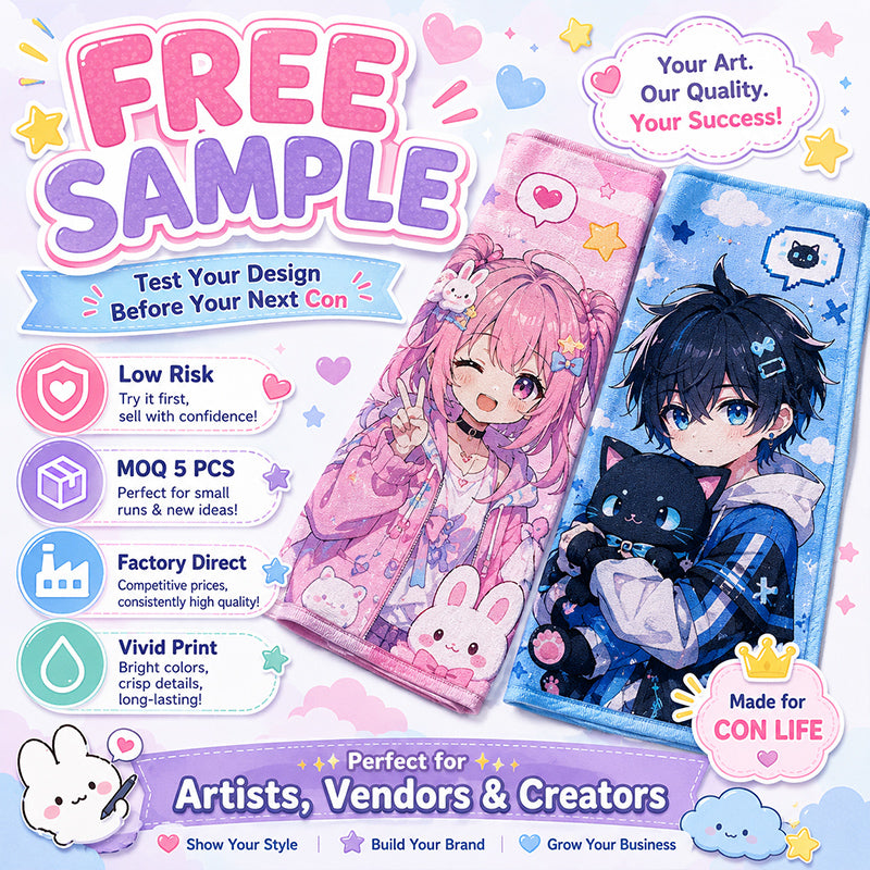 Free sample custom anime towels with low MOQ for artists and creators
