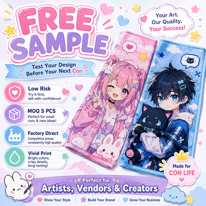 Free sample custom anime towels with low MOQ for artists and creators
