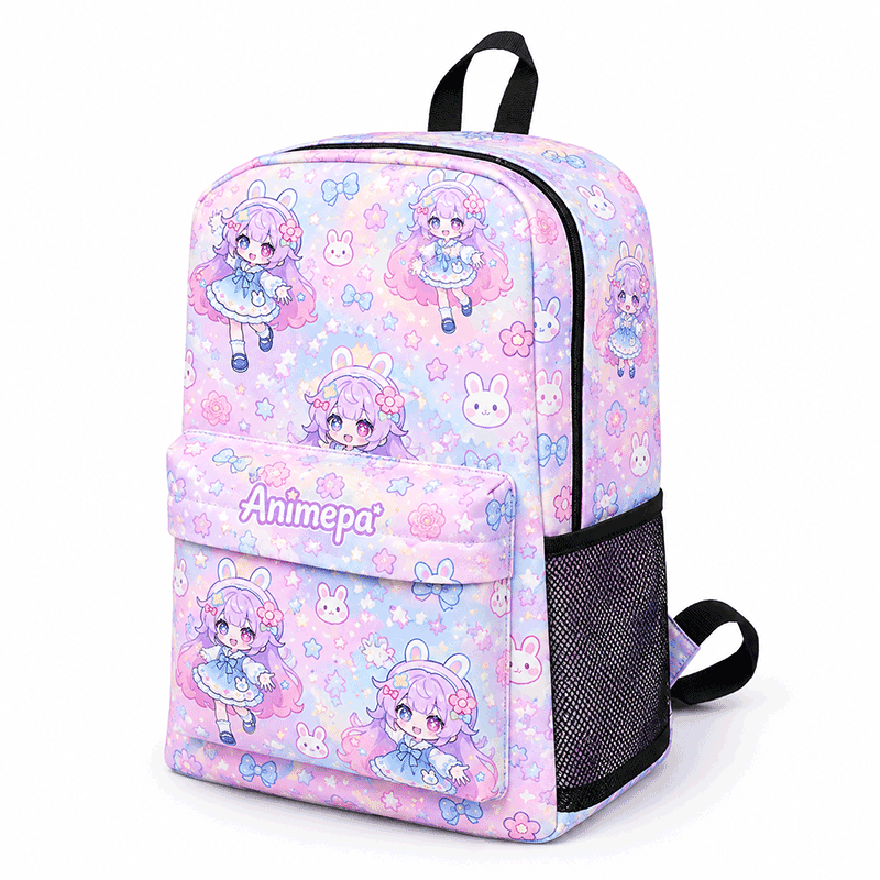 Full print anime backpack featuring colorful character patterns and custom artwork
