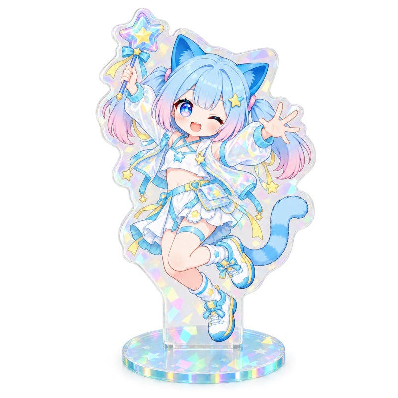 Holographic acrylic desk display with pastel cat character artwork