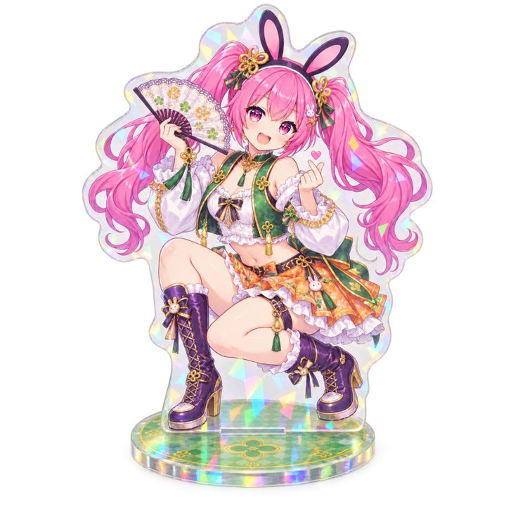 Custom printed holographic acrylic figure stand with bunny character artwork