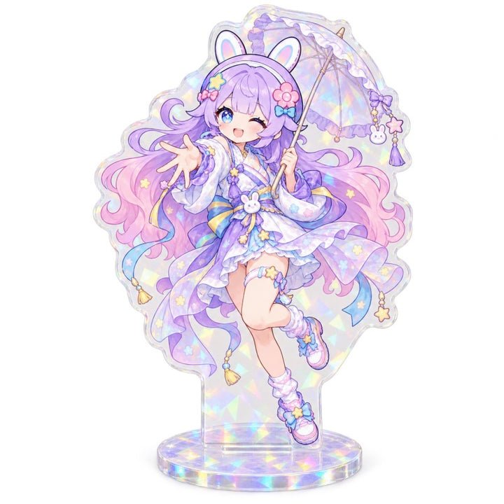 Holographic anime acrylic display stand with pastel character illustration