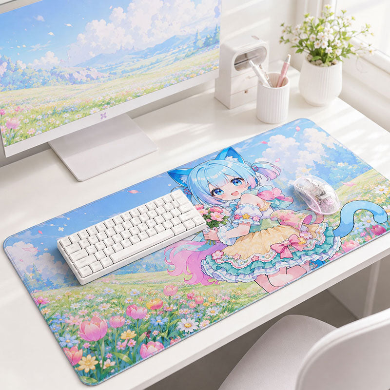 A custom rectangular heat transfer printing mousepad in 40x60cm size featuring a cute blue-haired anime girl in a vibrant flower garden.