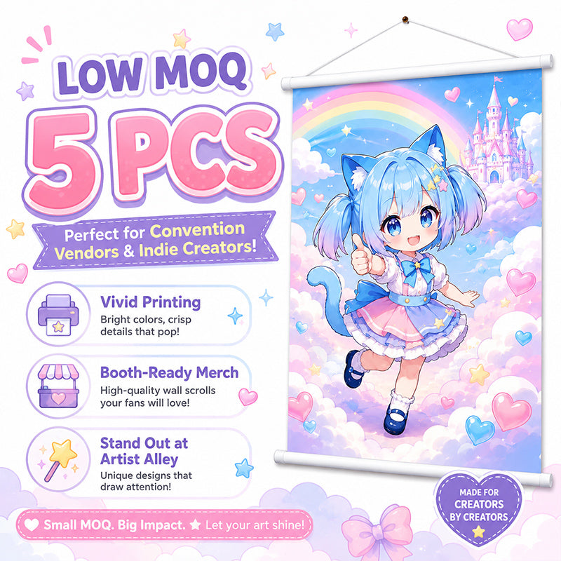 Low MOQ custom anime scroll posters for convention merch sellers
