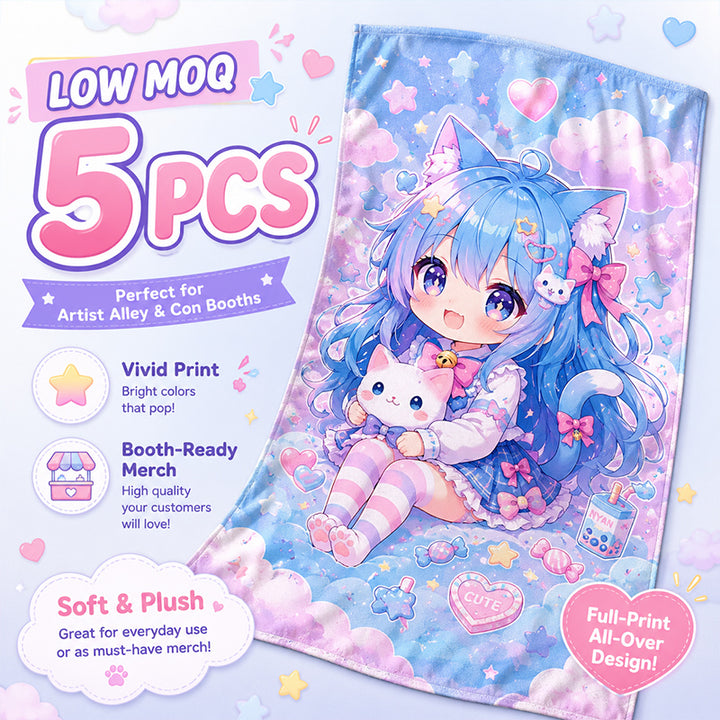 Low MOQ custom anime towels with full-color printing for convention merch
