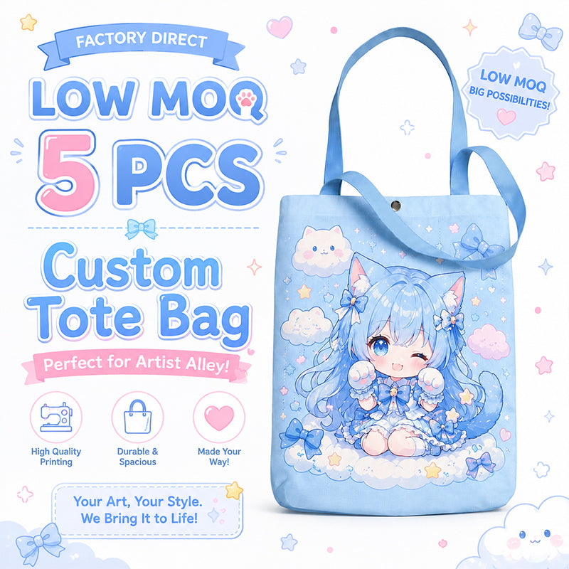 Low MOQ custom canvas bags for convention merch and anime creators
