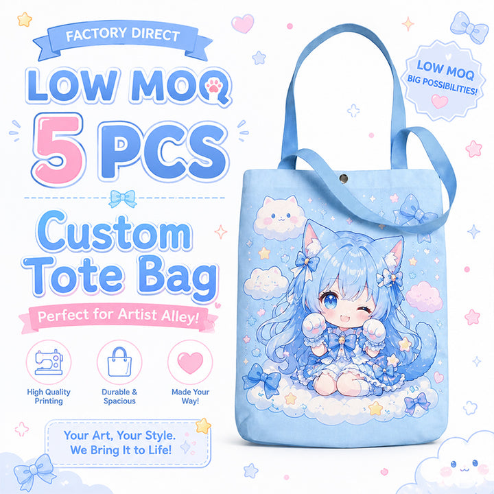 Low MOQ custom canvas bags for convention merch and anime creators
