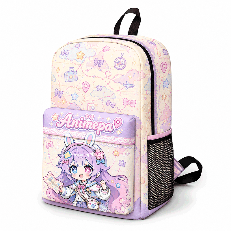 Pastel anime canvas backpack with cute character illustration and printed front pocket