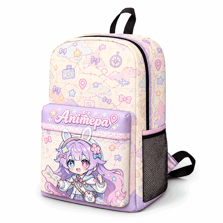 Pastel anime canvas backpack with cute character illustration and printed front pocket