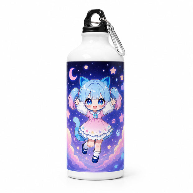 A personalized white aluminum water bottle with a secure carabiner clip displaying a vibrant deep blue cosmic star pattern anime character design.