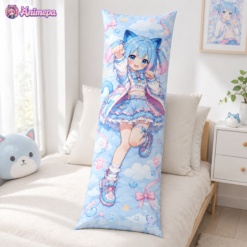 A crystal-clear blue anime character dakimakura long pillow placed on a minimalist wooden bed setup.