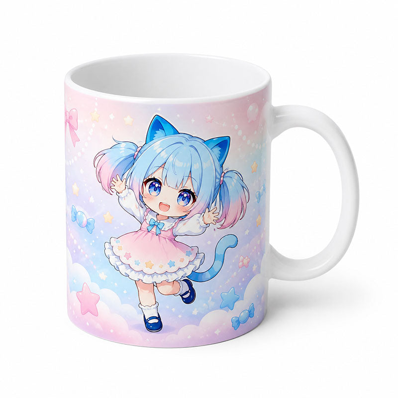 A standalone product display of a personalized anime ceramic coffee mug featuring a cute cat girl on a soft pink and blue pastel cloud background.