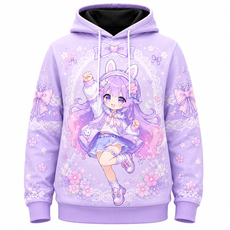 A customized lavender purple drawstring pullover hoodie showcasing an all-over printed cute anime rabbit girl on a solid white background.