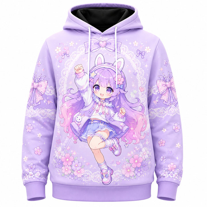 A customized lavender purple drawstring pullover hoodie showcasing an all-over printed cute anime rabbit girl on a solid white background.