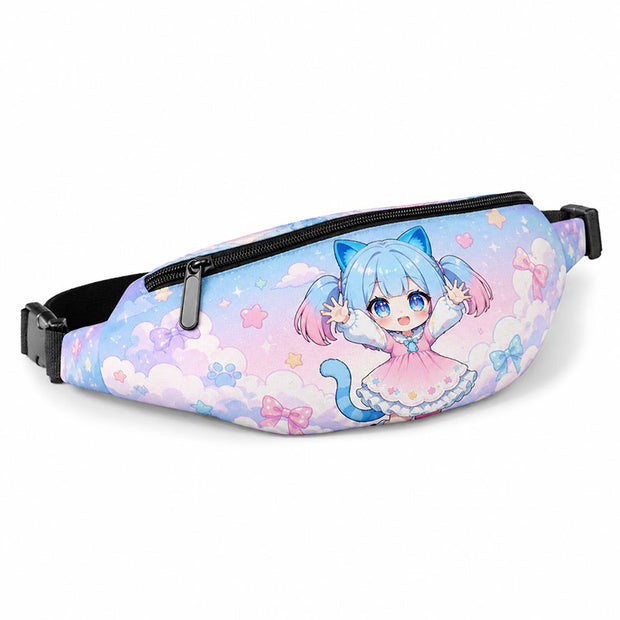A standalone product display of a personalized anime waist bag from a side angle, highlighting the glossy zipper pull and vibrant pastel cloud printed design on a white background.