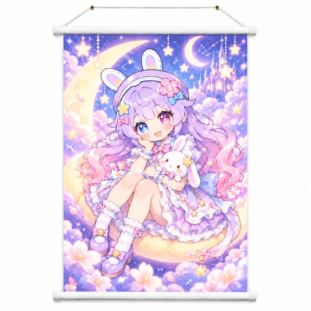 Personalized vertical wall scroll with purple bunny character artwork