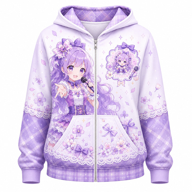A customized pastel purple all-over print zip-up hoodie showcasing a detailed purple magical girl anime character illustration on a solid white background.