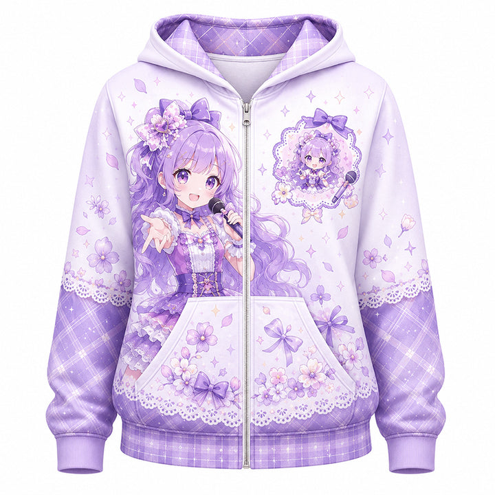 A customized pastel purple all-over print zip-up hoodie showcasing a detailed purple magical girl anime character illustration on a solid white background.