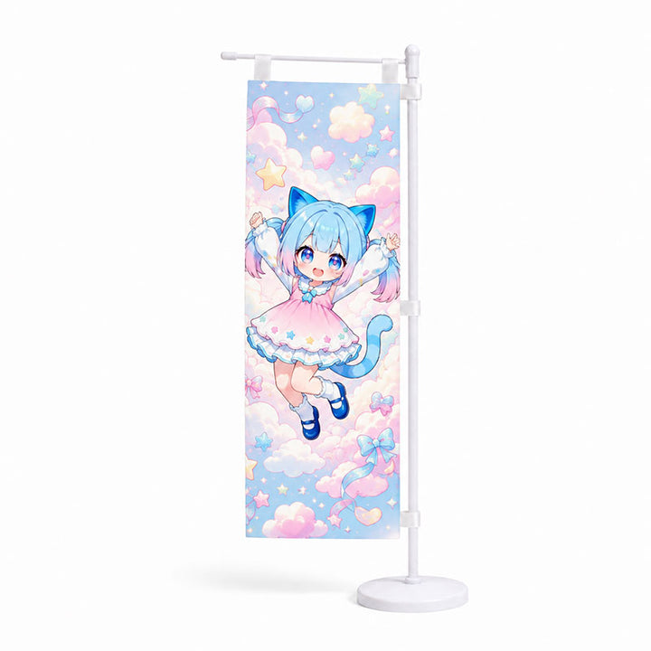 A personalized desk mini nobori banner on a white plastic stand displaying a vibrant anime character design surrounded by colorful stars.