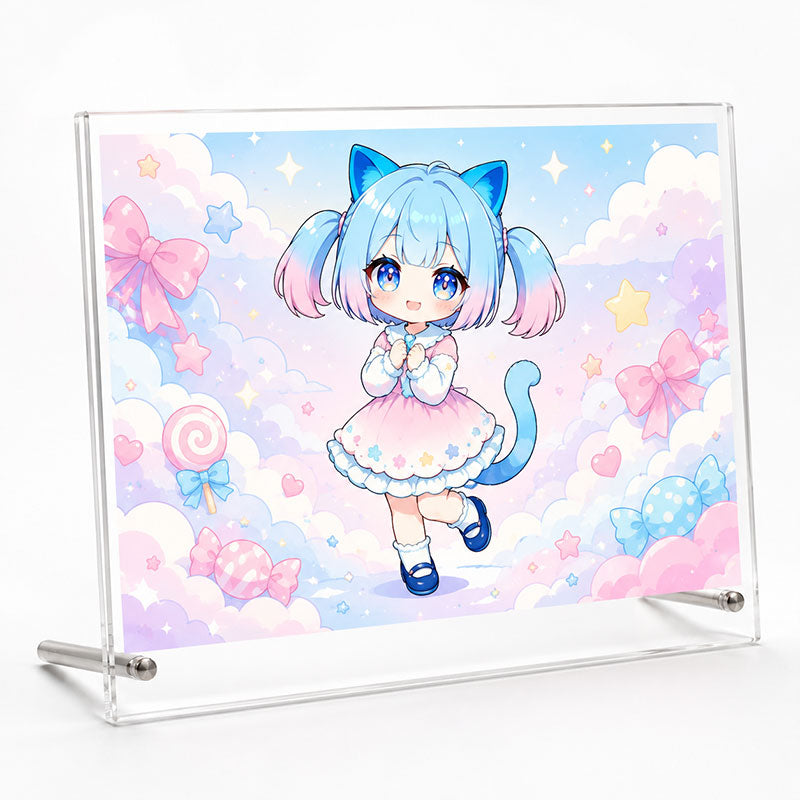 A standalone product display of a horizontal personalized anime acrylic picture frame held by silver metal screws featuring a character among pastel pink clouds.