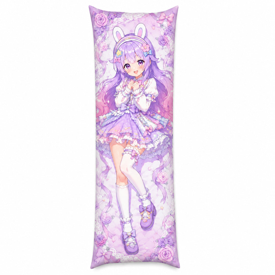A personalized lavender long body pillow cover showcasing a detailed purple magical rabbit girl character design on a solid white background.