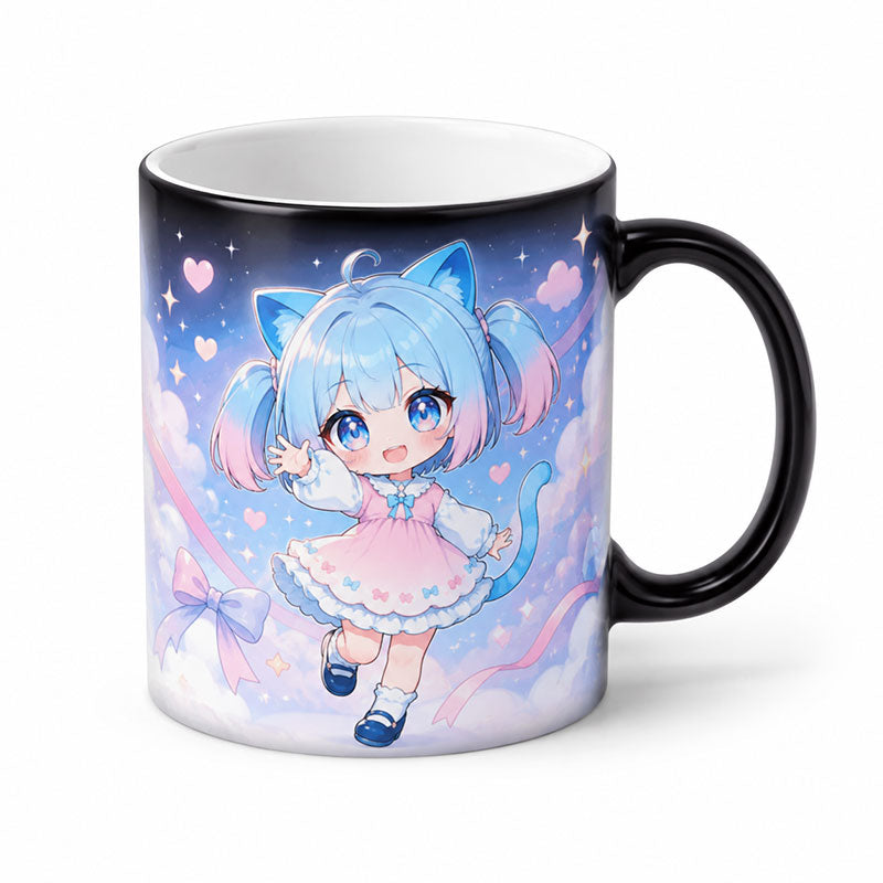 A personalized magic color changing mug activated by hot liquid revealing a bright pastel anime character illustration on a white background.