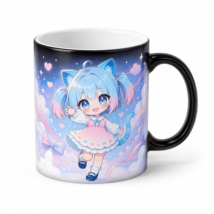 A personalized magic color changing mug activated by hot liquid revealing a bright pastel anime character illustration on a white background.