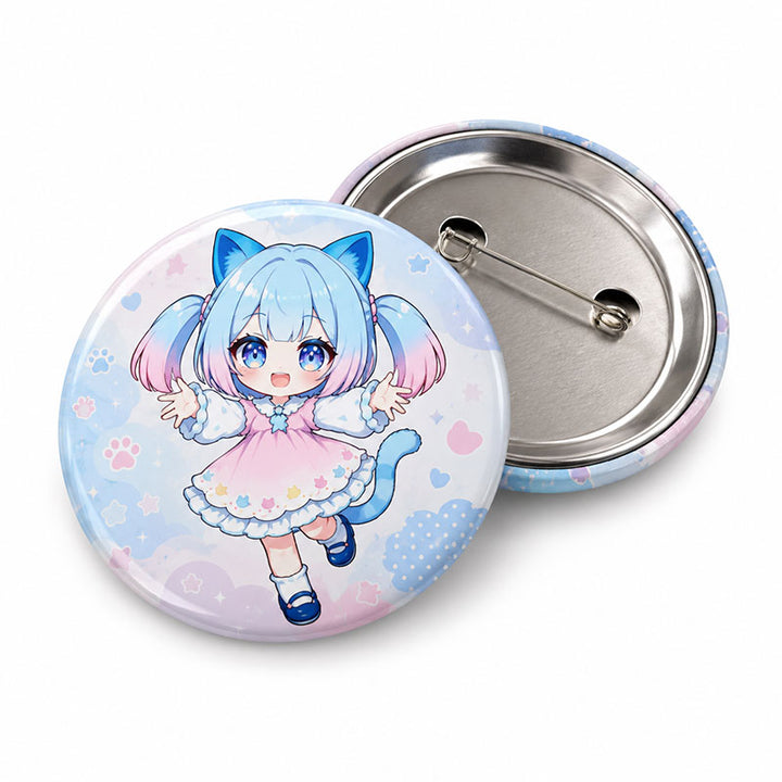 A detailed close-up shot of a single personalized round anime button badge next to its metal pin back structure on a clean white background.