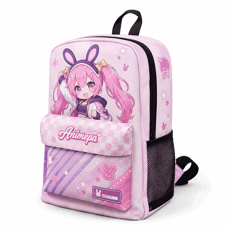 Pink anime school backpack with custom character design and canvas material