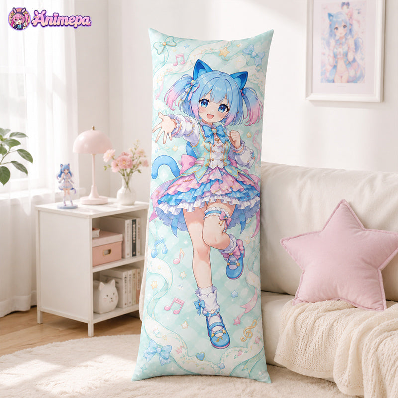 A blue-haired anime girl dakimakura body pillow standing elegantly on a soft sofa in a well-lit living room.