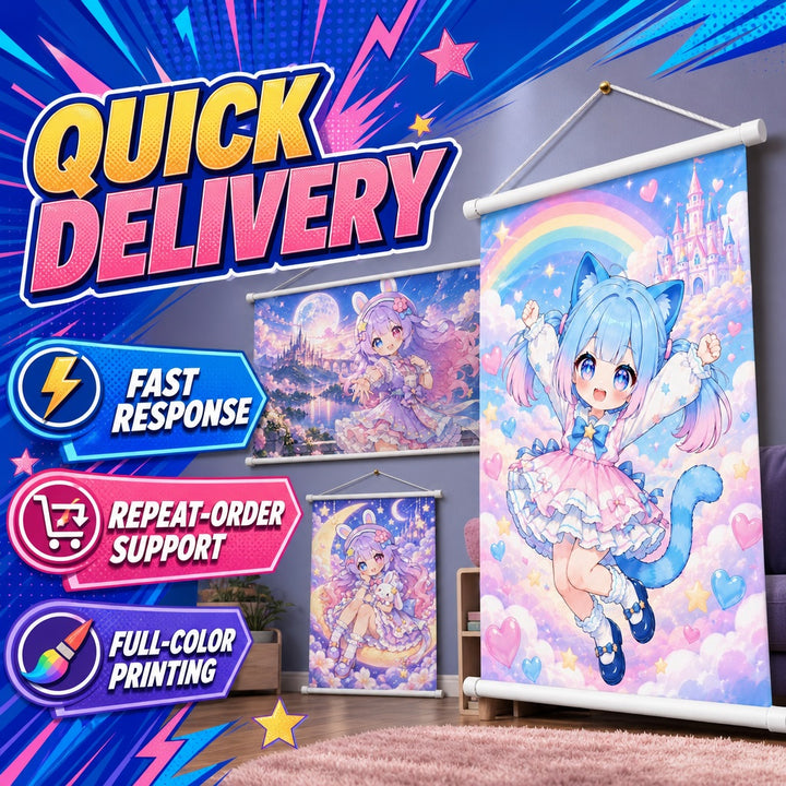 Quick delivery custom wall scroll printing with full-color artwork and repeat order support
