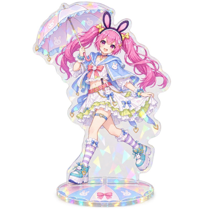 Rainbow holographic acrylic character standee with pastel anime-style artwork