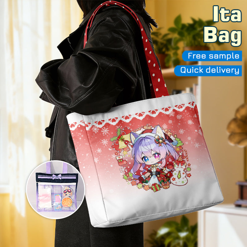 A promotional poster feature showcasing a custom printed pink anime character design on a red ita bag cover.