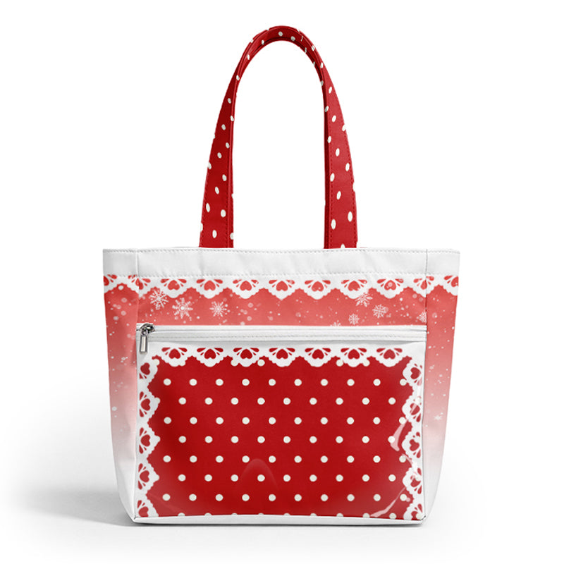 A studio product shot showing the front display of a red polka dot anime ita bag with a clear vinyl pin window.