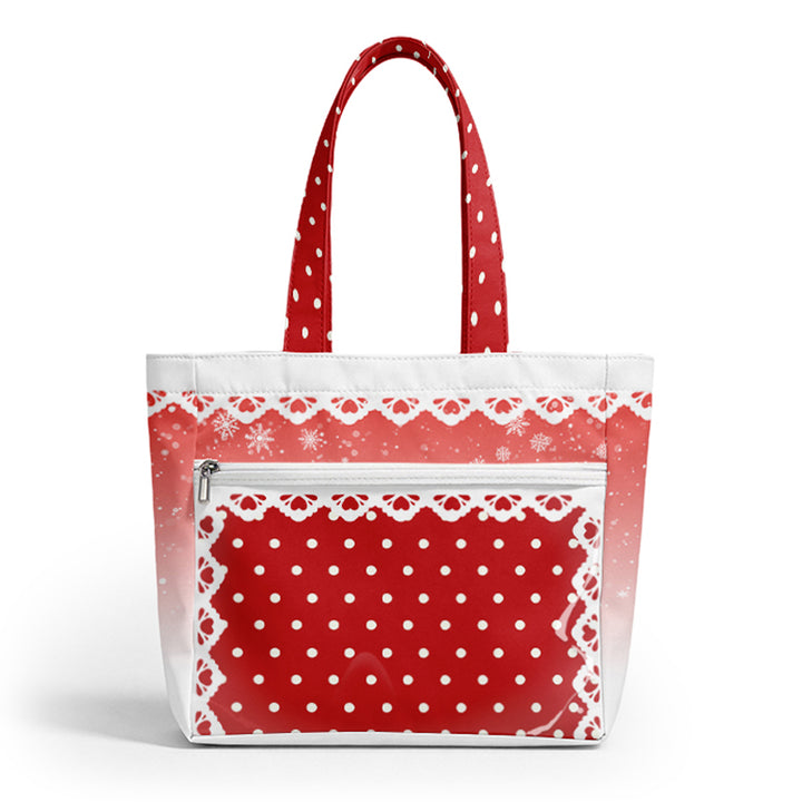 A studio product shot showing the front display of a red polka dot anime ita bag with a clear vinyl pin window.