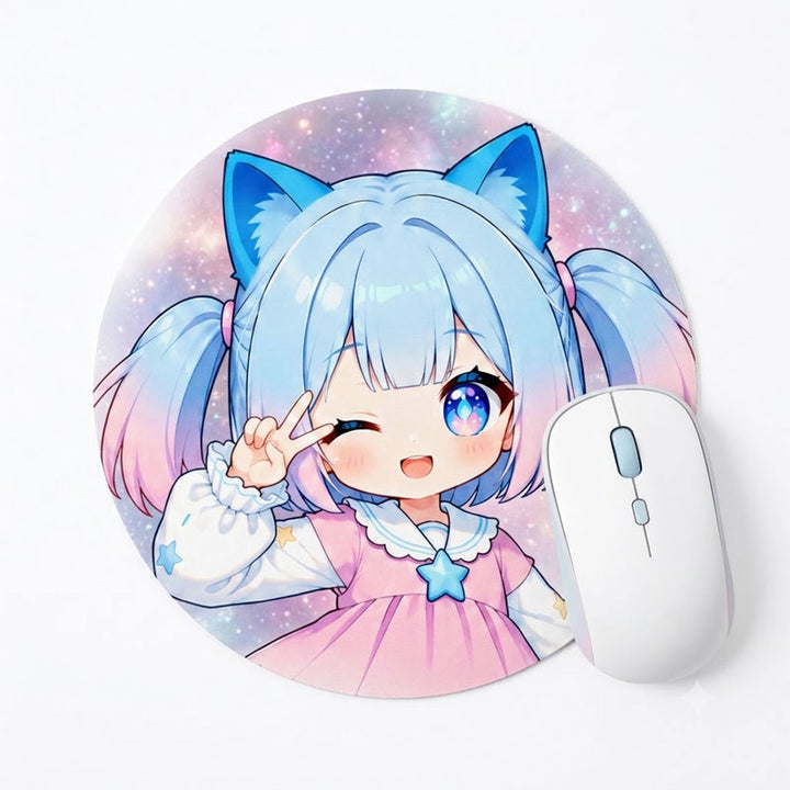 A standalone product display of a circular custom anime mouse mat showcasing a winking chibi cat girl character illustration next to a sleek white wireless mouse.
